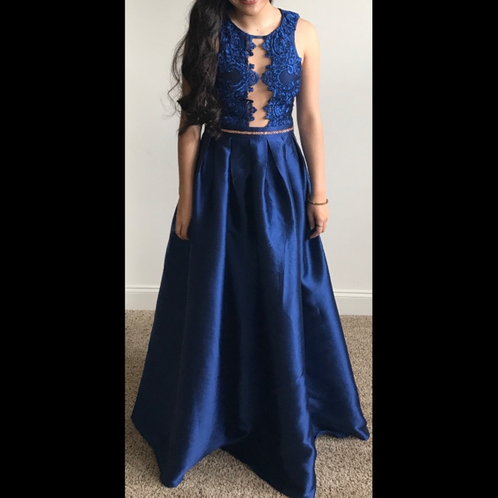 Royal Blue Prom Dress w/ Gold detailing+Lace top